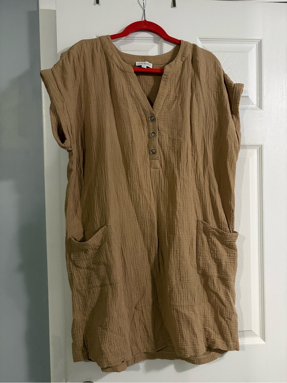 Luxology Tan Button-Front Midi Dress with Pockets